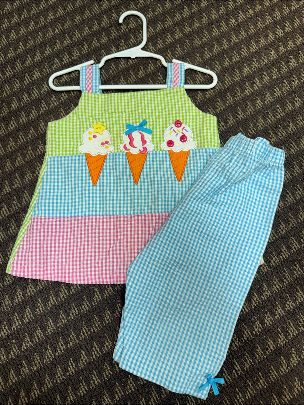 Rare Editions Gingham Ice Cream Appliqué Pajama Set - Green, Blue & Pink